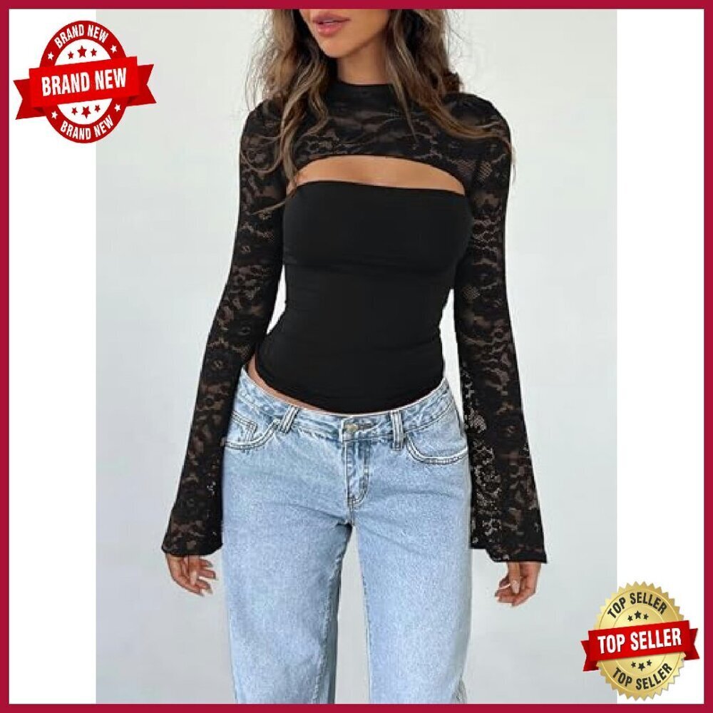 Lace Long Sleeve Top Y2K Crew Neck Cutout Slim Fit Night Out - Picture 3 of 8